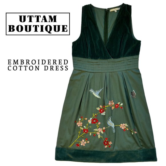 Uttam Boutique Embroidered Cotton dress, Green, Sz UK M - Picture 2 of 15